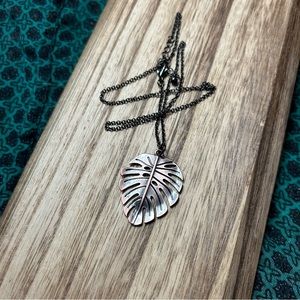 Copper Look Monstera Pendant Necklace Black Chain